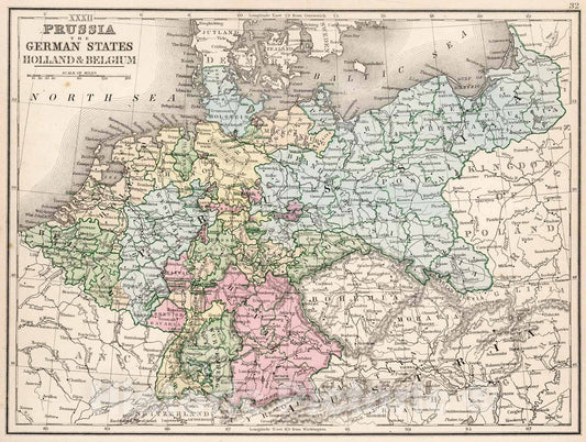 Historic Map : Map No. XXXII. Prussia the German States, Holland & Belgium, 1865, Vintage Wall Decor