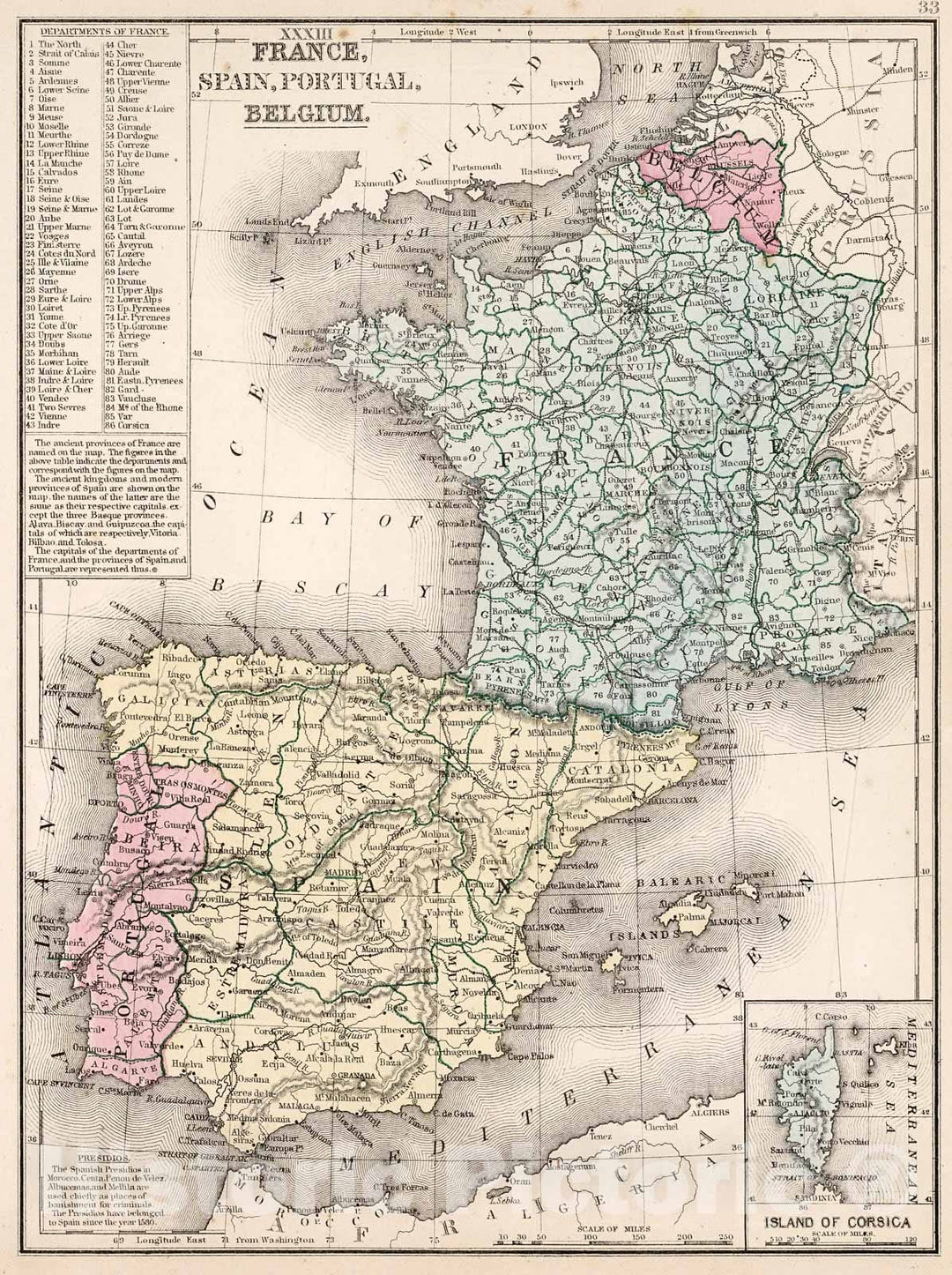 Historic Map : Map No. XXXIII. France, Spain, Portugal, Belgium, 1865, Vintage Wall Decor
