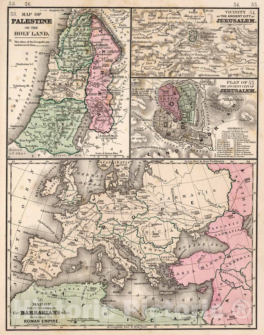 Historic Map : Maps of Palestine, Vicinity of the city of Jerusalem, Ancient city of Jerusalem, and incursions of the Barbarians, 1865, Vintage Wall Decor