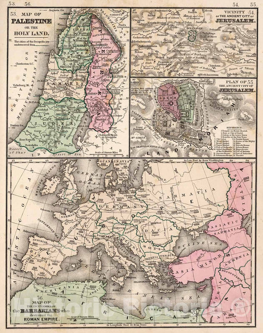 Historic Map : Maps of Palestine, Vicinity of the city of Jerusalem, Ancient city of Jerusalem, and incursions of the Barbarians, 1865, Vintage Wall Decor