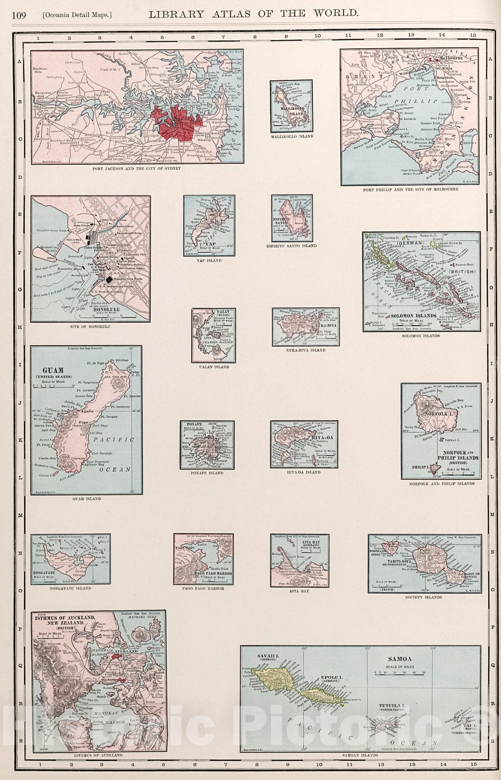 Historic Map : Small Maps of Various Locations in the Pacific. Sydney. Guam. Samoa. Aukland., 1912, Vintage Wall Decor
