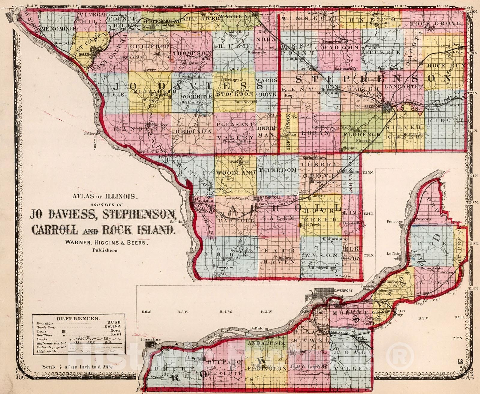 Historic Map : Counties of Jo Daviess, Stephenson, Carroll and Rock Island, 1871, Vintage Wall Decor
