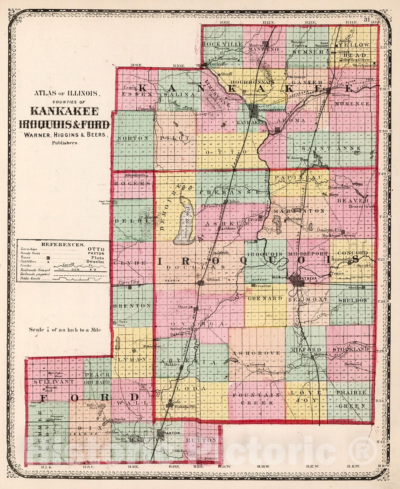 Historic Map : Counties of Kankakee, Iroquois and Ford, 1871, Vintage Wall Decor