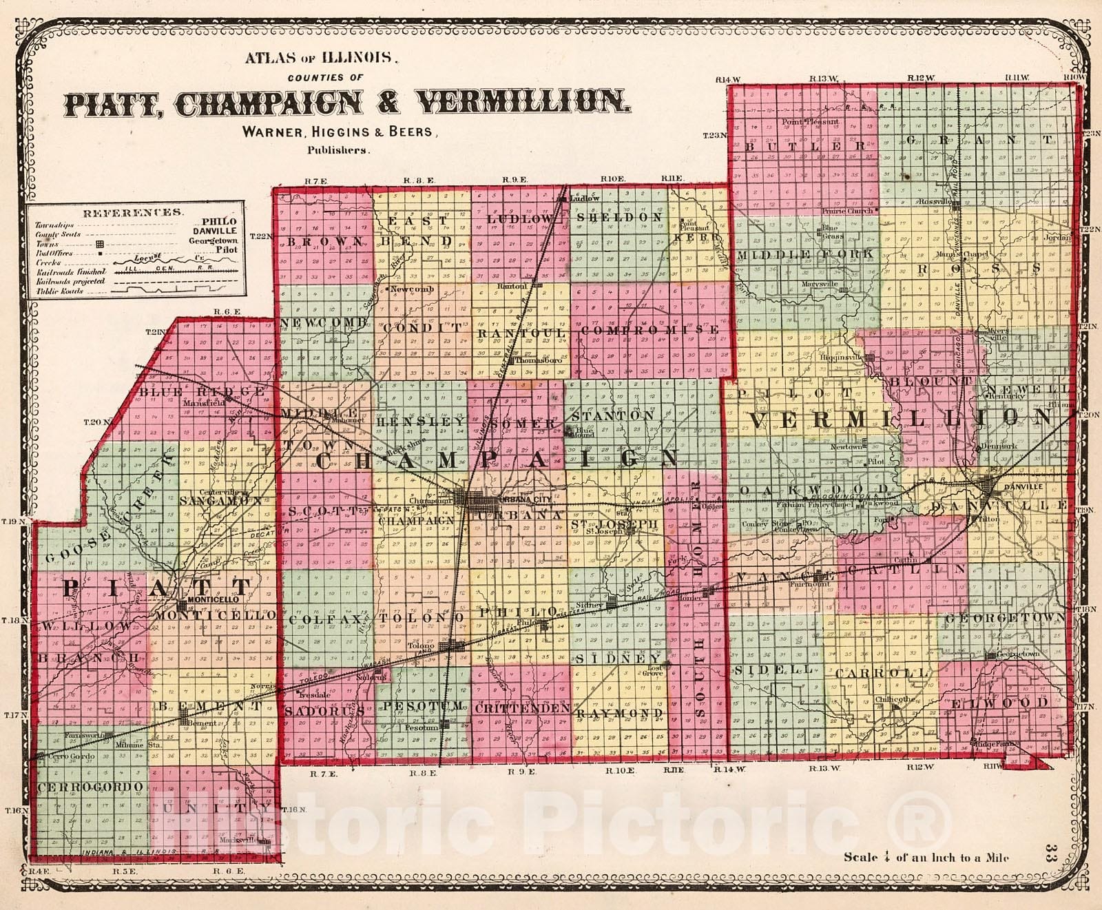 Historic Map : Counties of Piatt, Champaign and Vermillion, 1871, Vintage Wall Decor