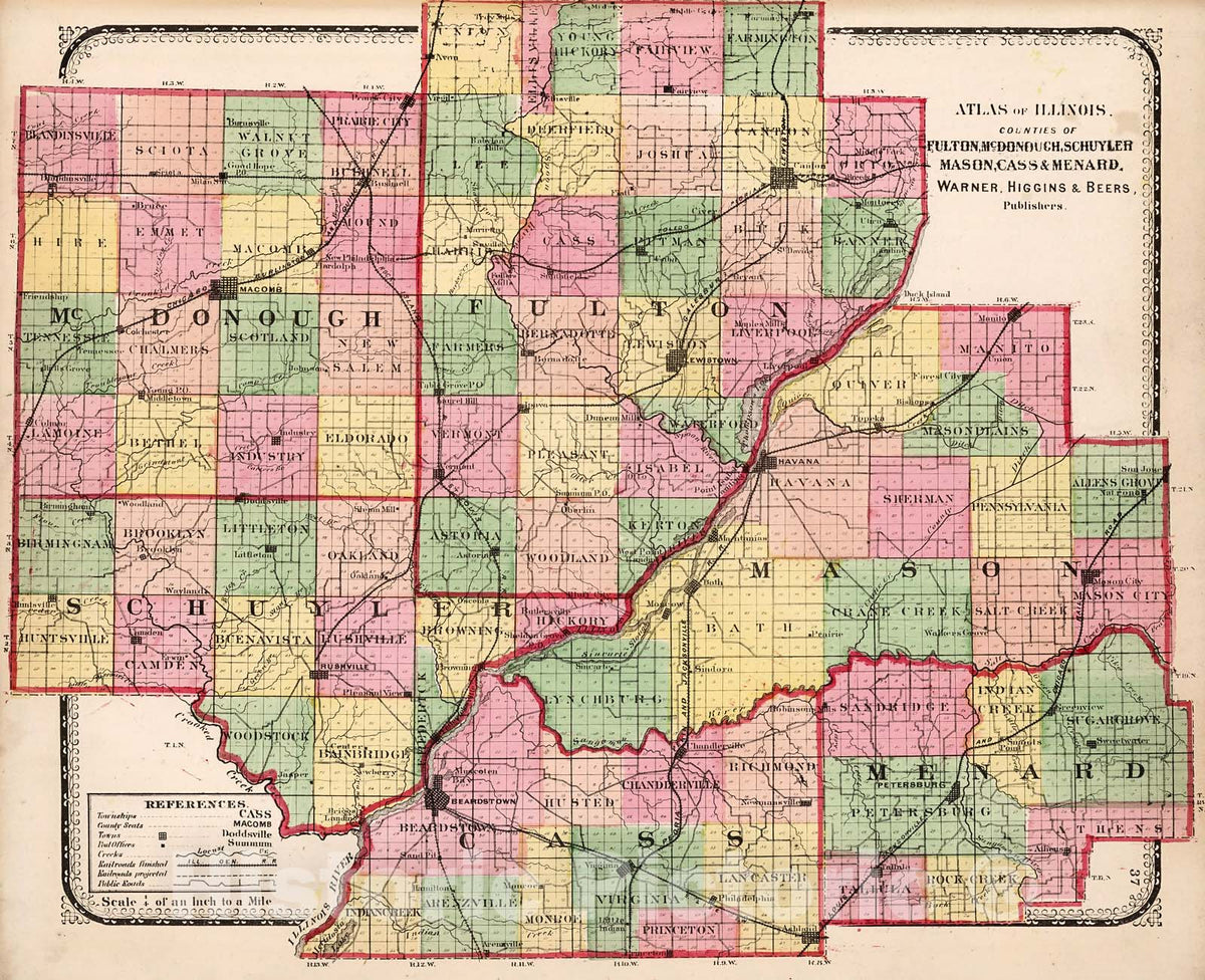Historic Map : Counties of Fulton, McDonough, Schuyler, Mason, Cass, and Menard, 1871, Vintage Wall Decor