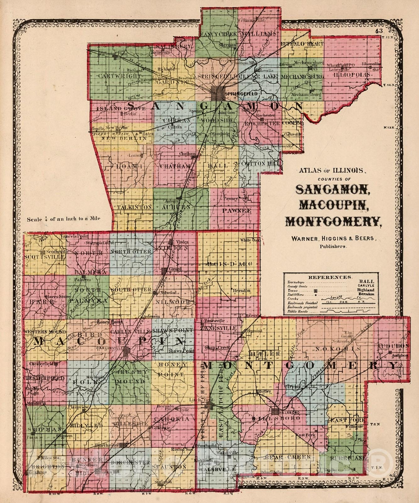 Historic Map : Counties of Sangamon, Macoupin, and Montgomery, 1871, Vintage Wall Decor