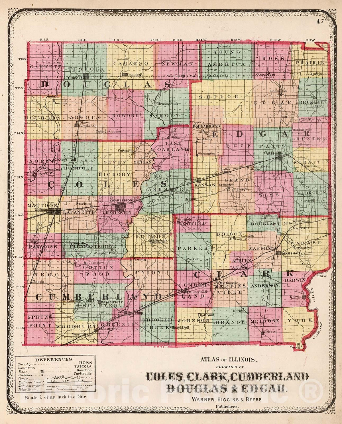 Historic Map : Counties of Coles, Cumberland, Clark, Douglas & Edgar, 1871, Vintage Wall Decor