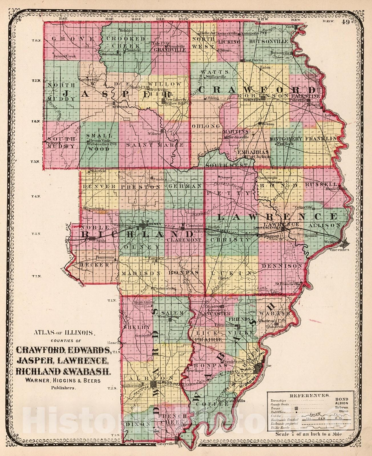 Historic Map : Counties of Crawford, Edwards, Jasper, Lawrence, Richland & Wabash, 1871, Vintage Wall Decor