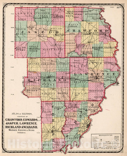 Historic Map : Counties of Crawford, Edwards, Jasper, Lawrence, Richland & Wabash, 1871, Vintage Wall Decor