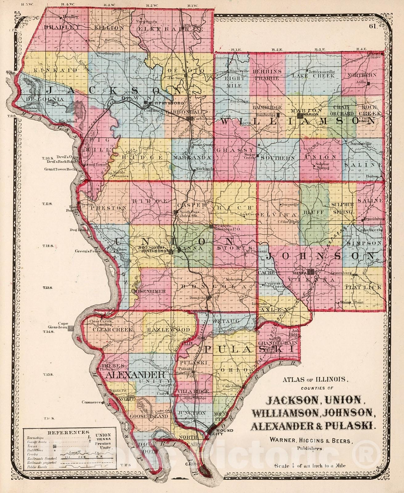 Historic Map : Counties of Jackson, Union, Williamson, Johnson, Alexander & Pulaski, 1871, Vintage Wall Decor