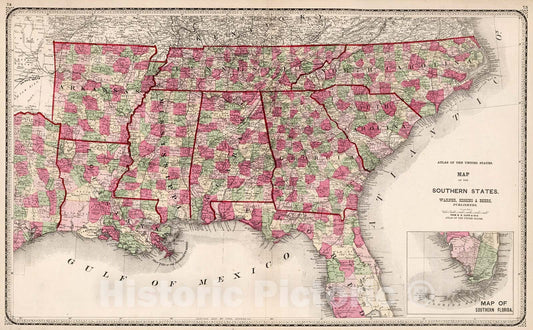 Historic Map : Map of the Southern States, 1871, Vintage Wall Decor