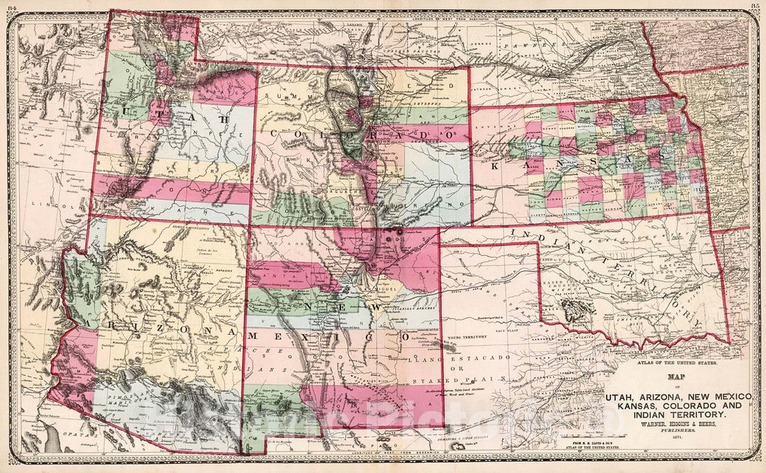 Historic Map : Map of Utah, Arizona, New Mexico, Kansas, Colorado and Indian Territory, 1872, 1872, , Vintage Wall Art