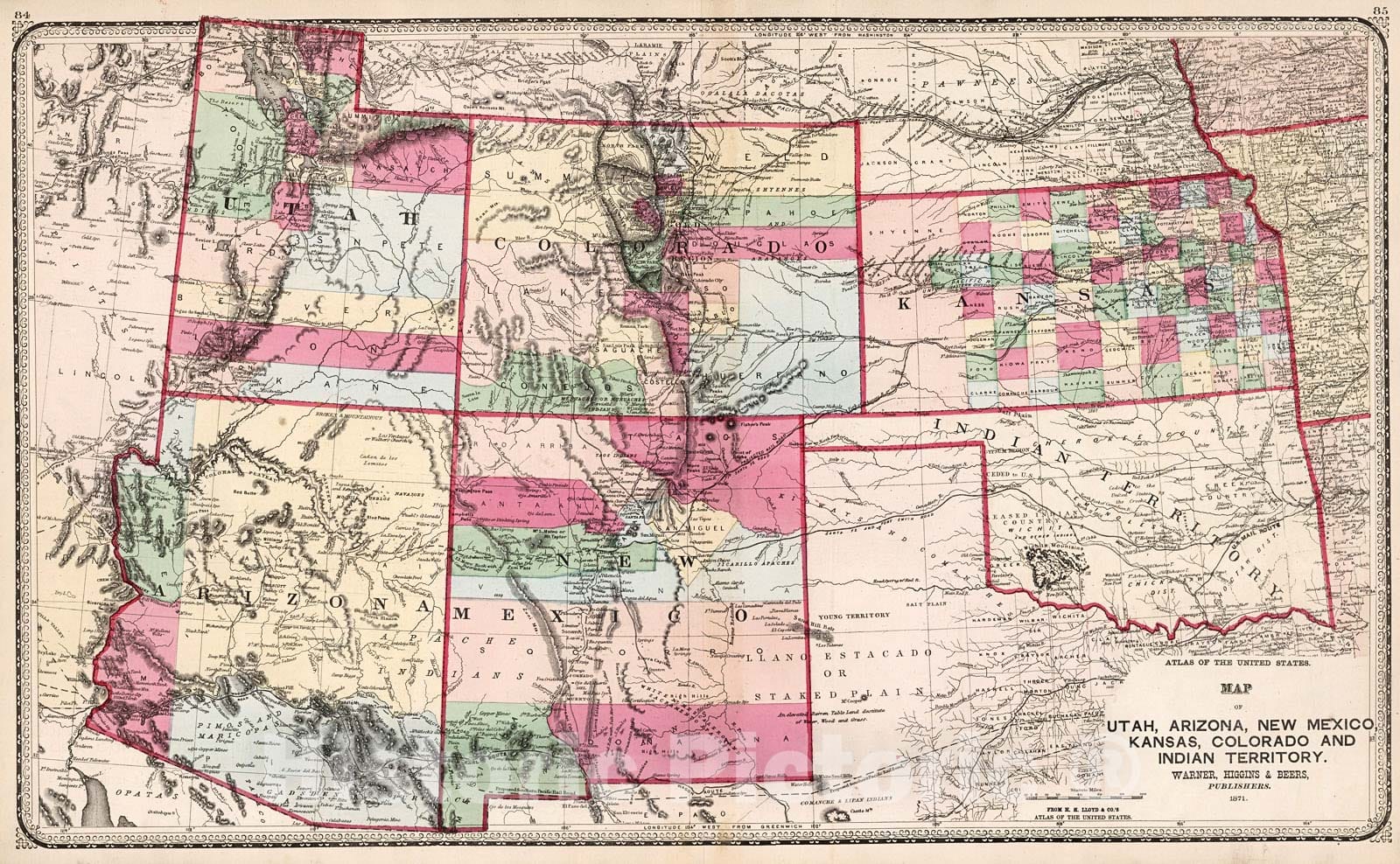 Historic Map : Map of Utah, Arizona, New Mexico, Kansas, Colorado and Indian Territory, 1872, 1872, , Vintage Wall Art