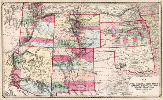Historic Map : Map of Utah, Arizona, New Mexico, Kansas, Colorado and Indian Territory, 1872, 1872, , Vintage Wall Art