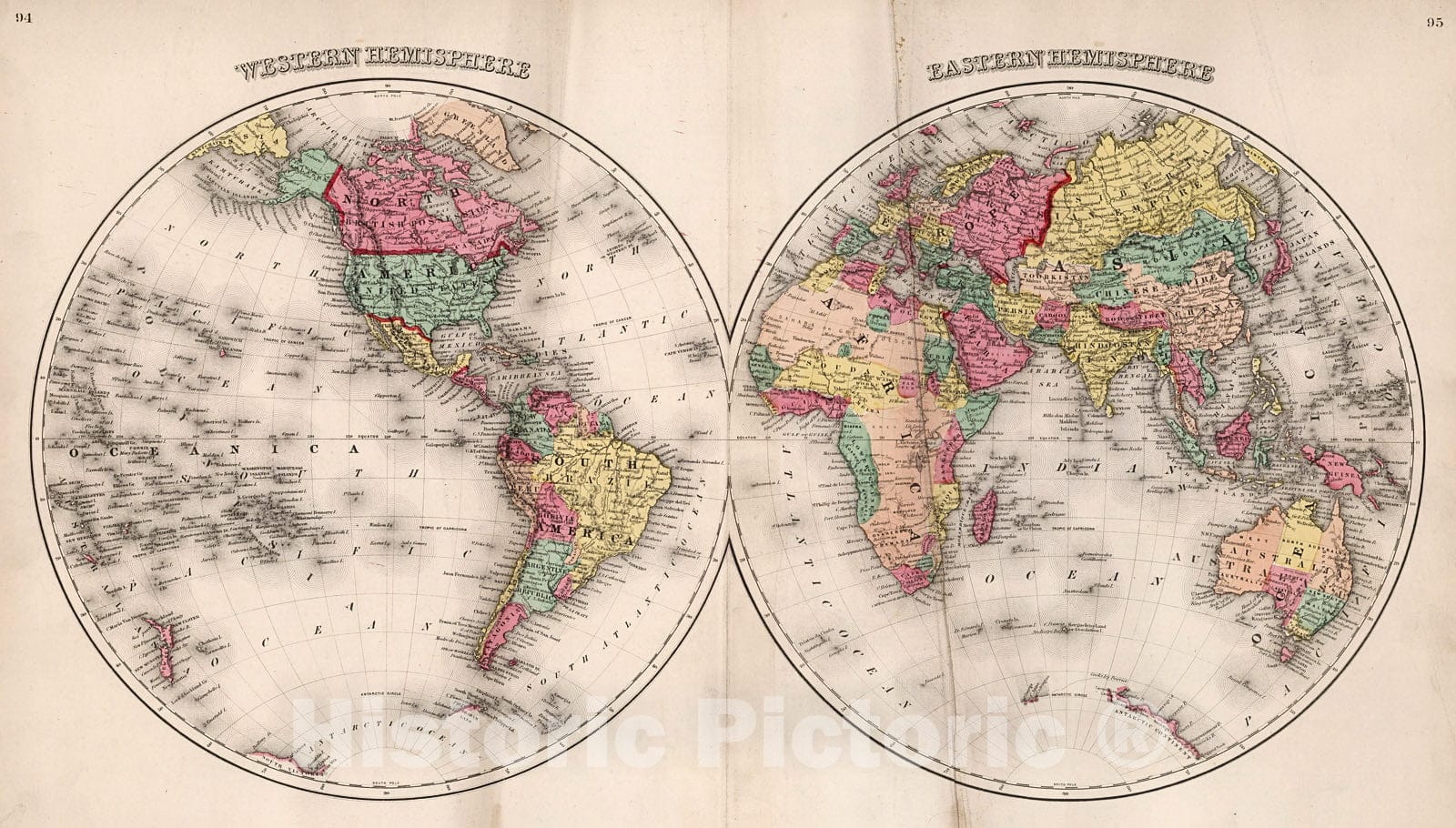 Historic Map : Western Hemisphere. Eastern Hemisphere, 1871, Vintage Wall Decor