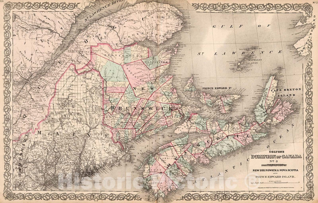 Historic Map : Dominion of Canada No. 3. The Provinces of New Brunswick & Nova Scotia and Prince Edward Island., 1880, Vintage Wall Decor