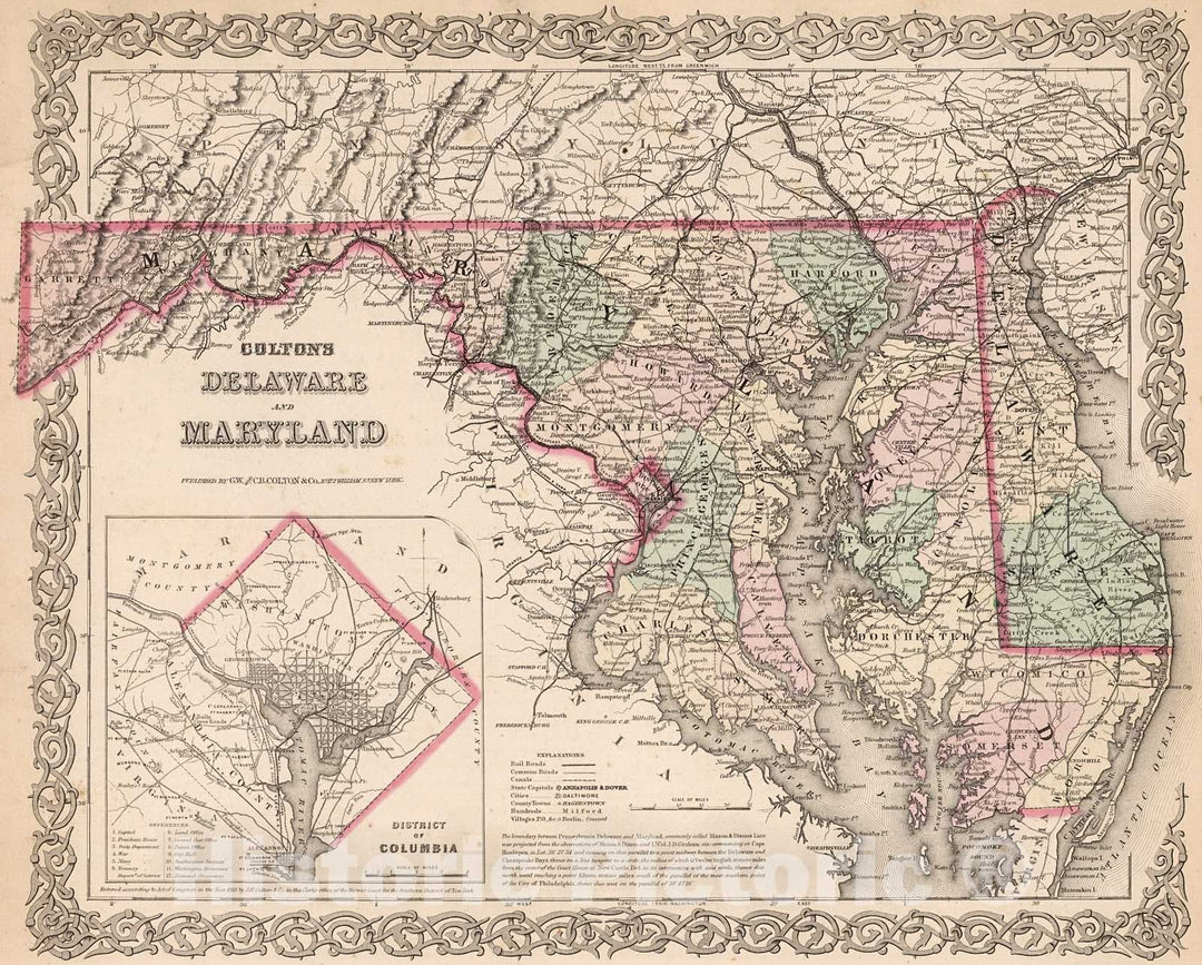 Historic Map : Delaware and Maryland., 1880, Vintage Wall Decor