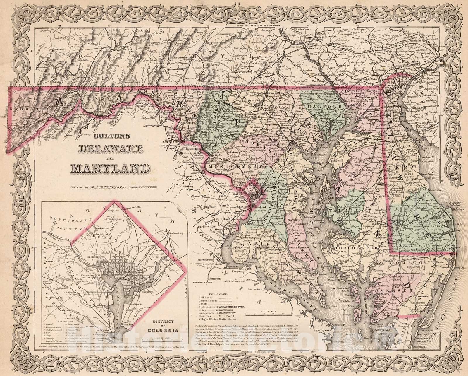 Historic Map : Delaware and Maryland., 1880, Vintage Wall Decor