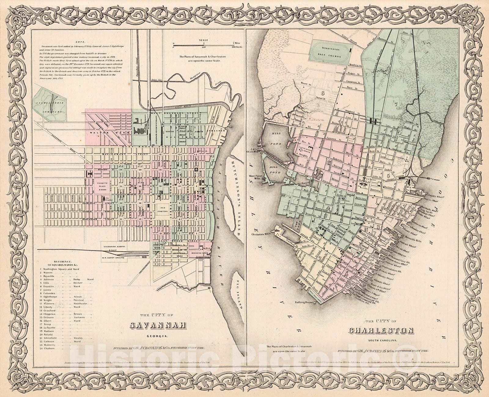 Historic Map : Savannah, Georgia. Charleston, South Carolina., 1880, Vintage Wall Decor