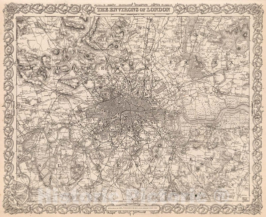 Historic Map : Environs of London., 1880, Vintage Wall Decor
