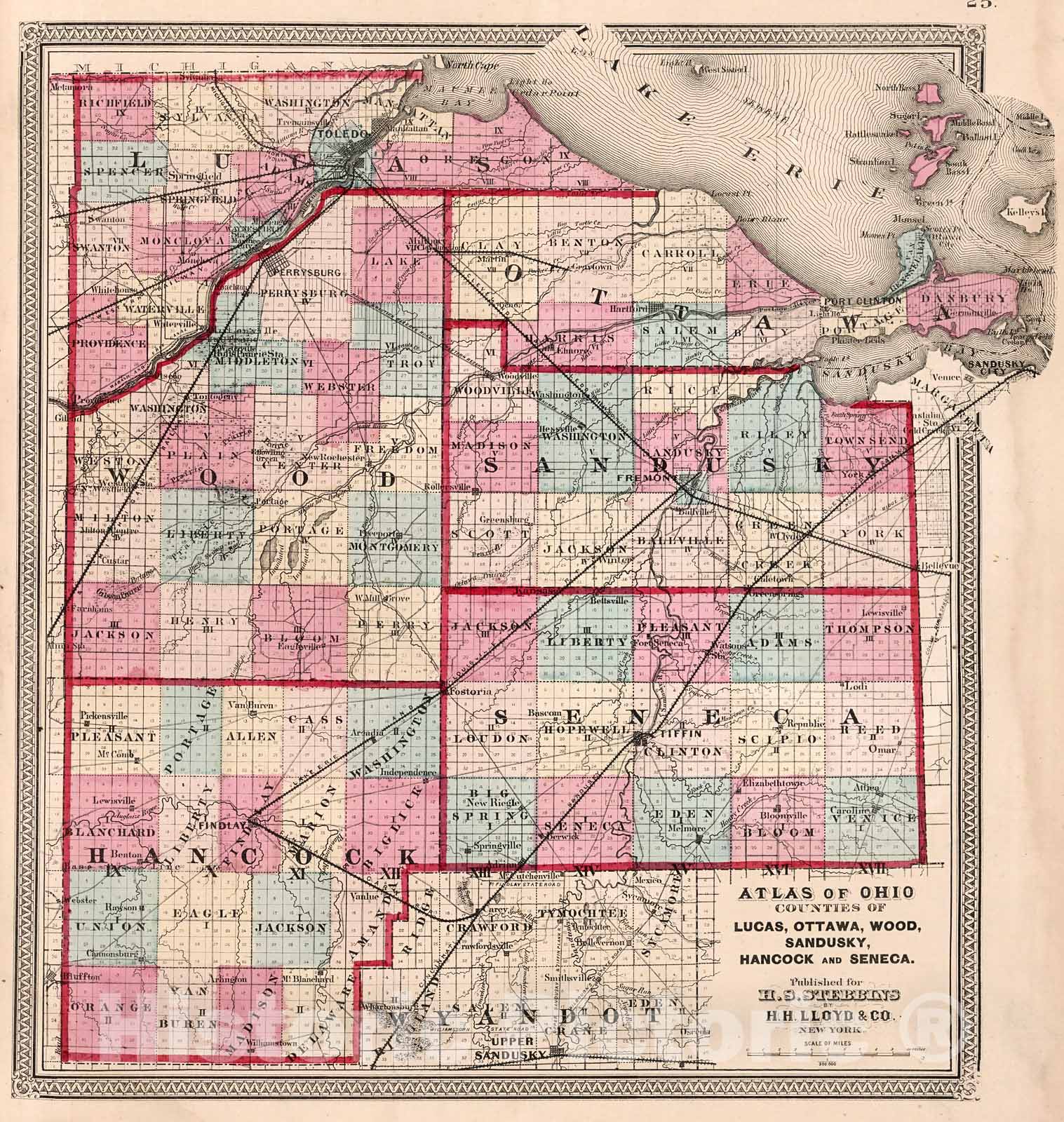 Historic Map : Counties of Lucas, Ottawa, Wood, Sandusky, Hancock and Seneca, 1868, Vintage Wall Decor