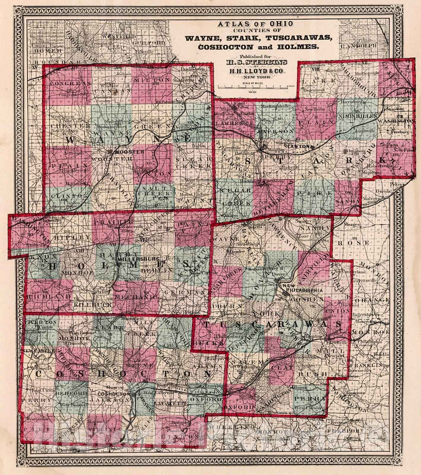Historic Map : Counties of Wayne, Stark, Tuscarawas, Coshocton, and Holmes, 1868, Vintage Wall Decor