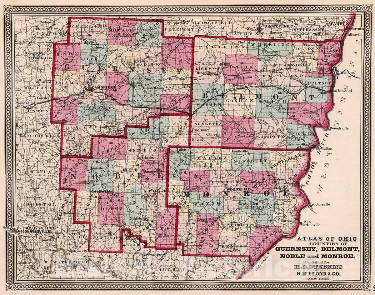 Historic Map : Counties of Guernsey, Belmont, Noble, and Monroe, 1868, Vintage Wall Decor