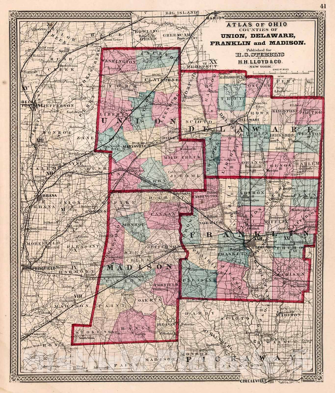 Historic Map : Counties of Union, Delaware, Franklin and Madison, 1868, Vintage Wall Decor