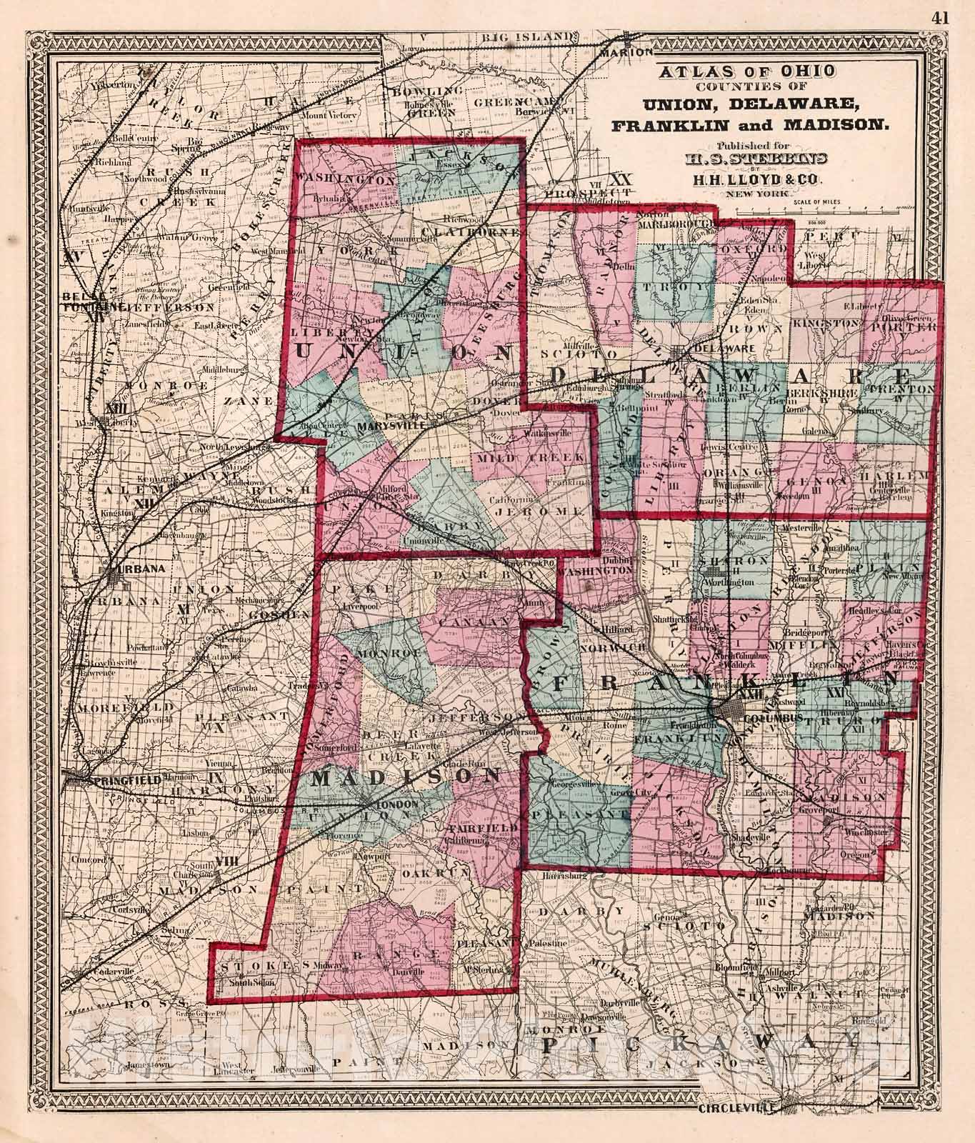 Historic Map : Counties of Union, Delaware, Franklin and Madison, 1868, Vintage Wall Decor