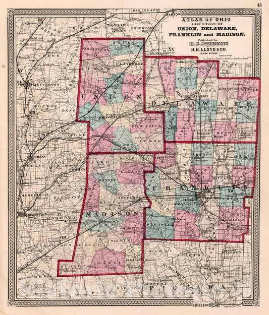 Historic Map : Counties of Union, Delaware, Franklin and Madison, 1868, Vintage Wall Decor
