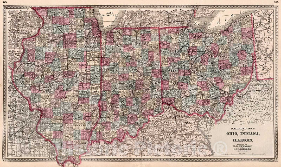 Historic Map : Railroad map of Ohio, Indiana and Illinois, 1868, Vintage Wall Decor