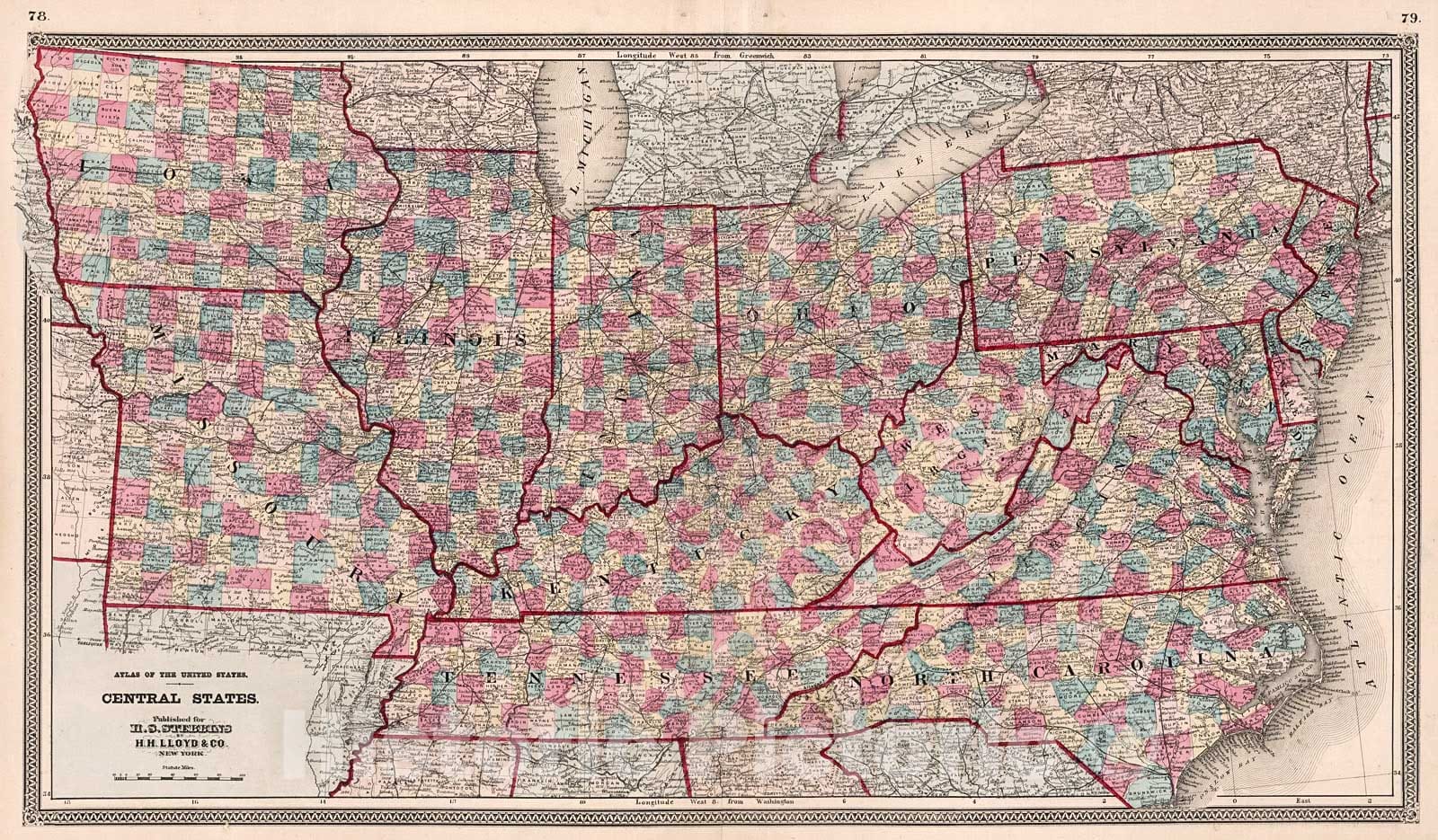 Historic Map : Atlas of the United States. Central States, 1868, Vintage Wall Decor