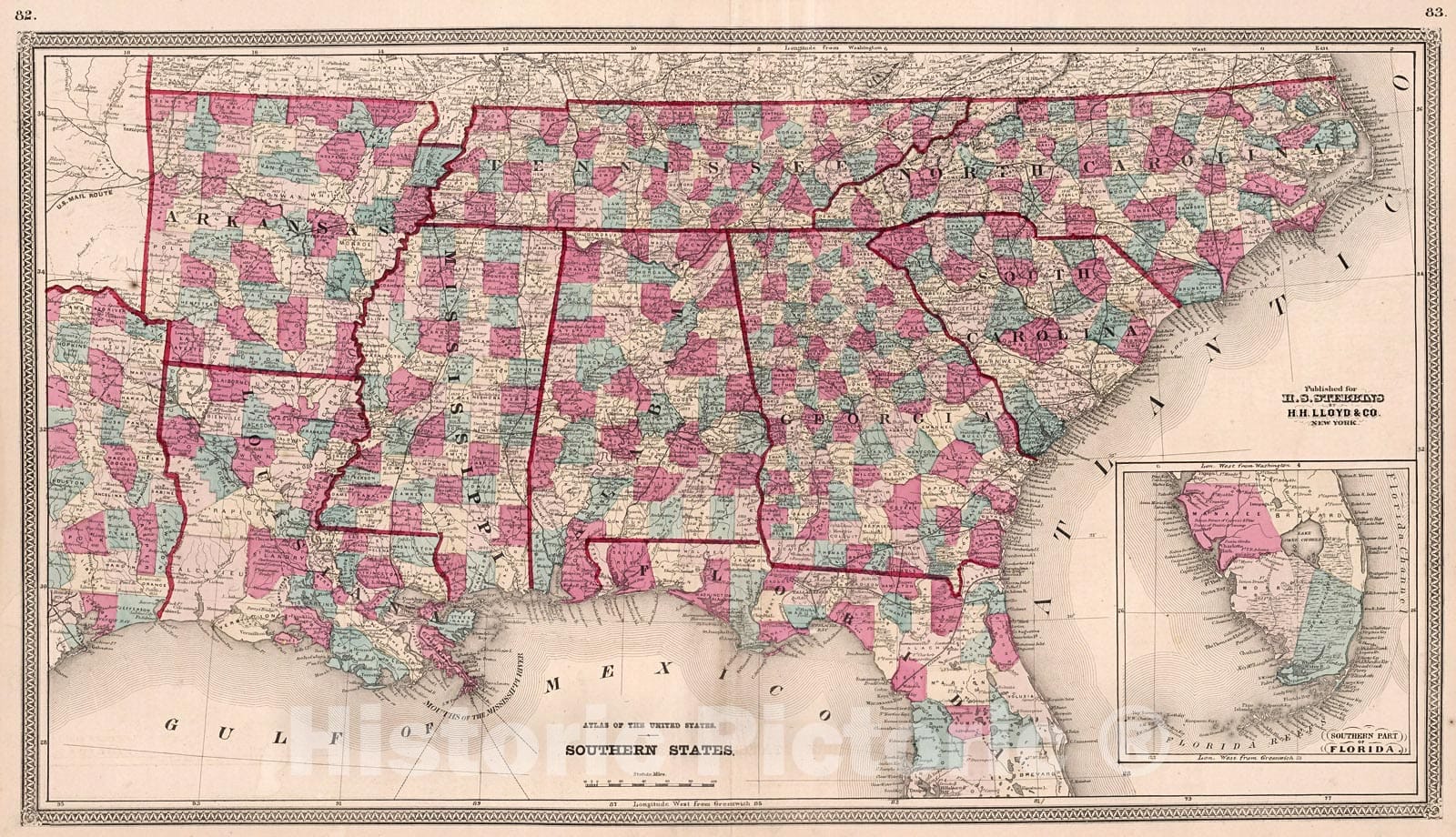 Historic Map : Atlas of the United States. Southern States, 1868, Vintage Wall Decor
