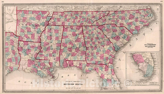 Historic Map : Atlas of the United States. Southern States, 1868, Vintage Wall Decor