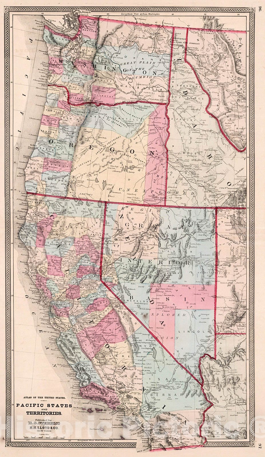 Historic Map : Atlas of the United States. Pacific States, 1868, Vintage Wall Decor