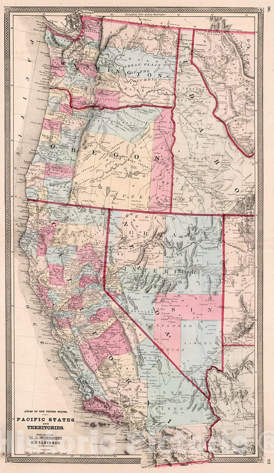 Historic Map : Atlas of the United States. Pacific States, 1868, Vintage Wall Decor
