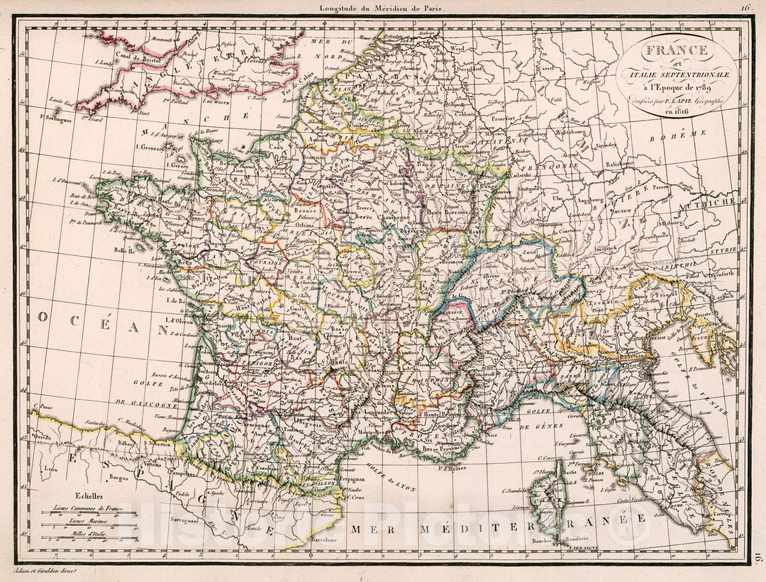 Historic Map : France et Italie Septentrionale a l'Epoque de 1789, 1816, Vintage Wall Decor