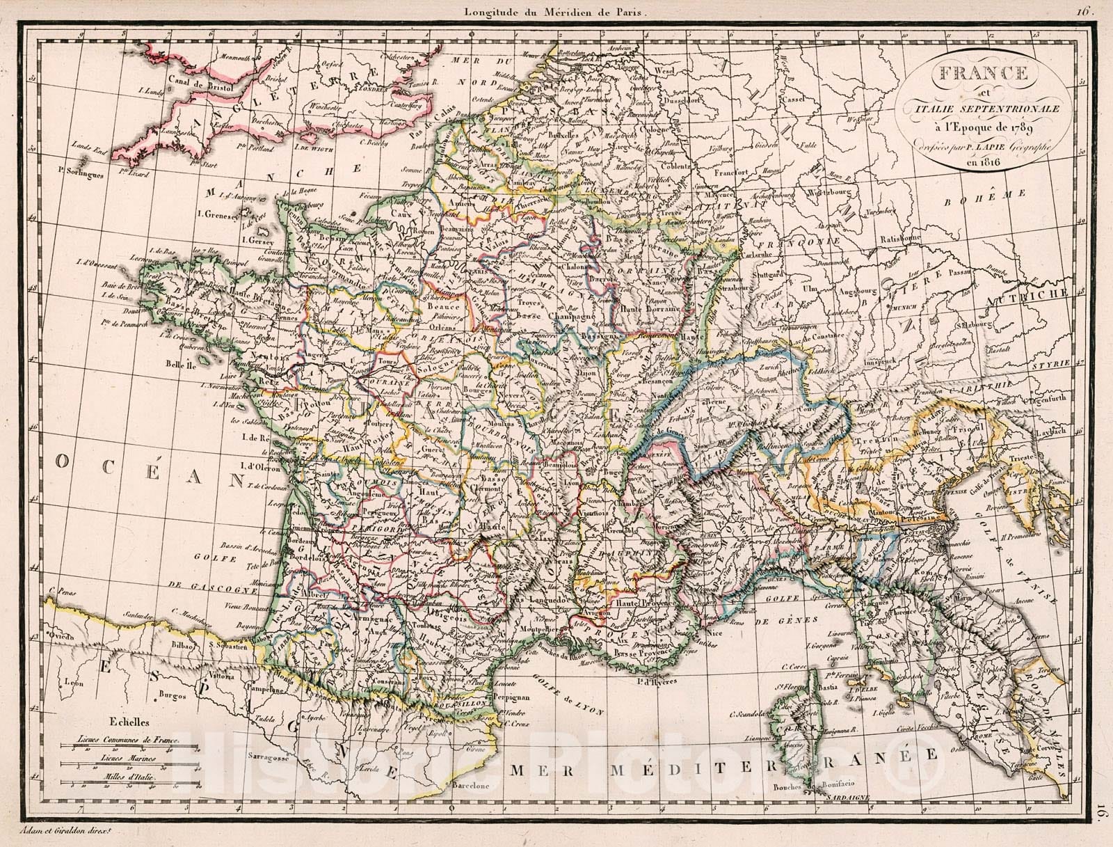 Historic Map : France et Italie Septentrionale a l'Epoque de 1789, 1816, Vintage Wall Decor