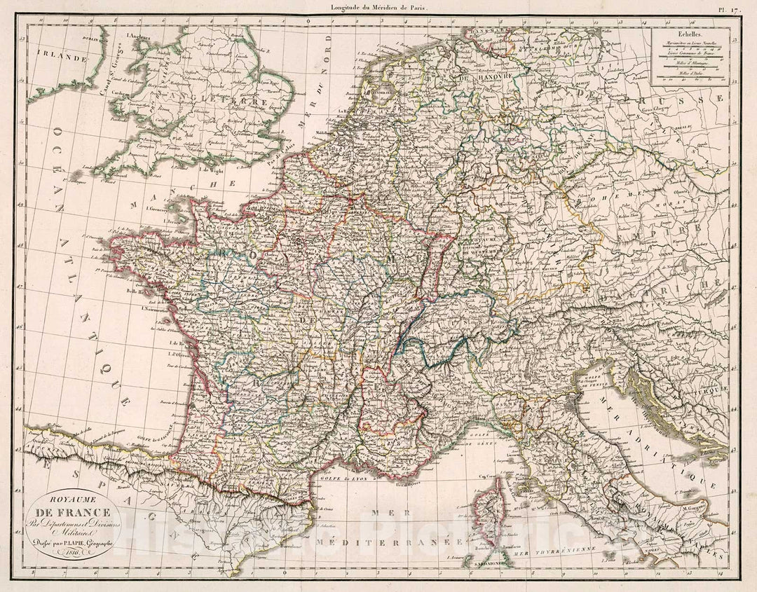 Historic Map : Royaume de France : par departemens et divisions militaire, 1816, Vintage Wall Decor