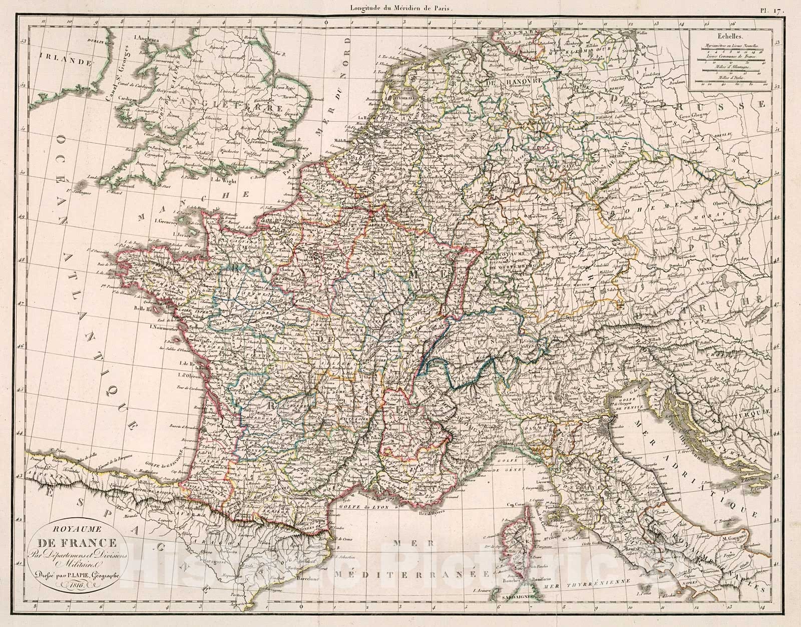 Historic Map : Royaume de France : par departemens et divisions militaire, 1816, Vintage Wall Decor