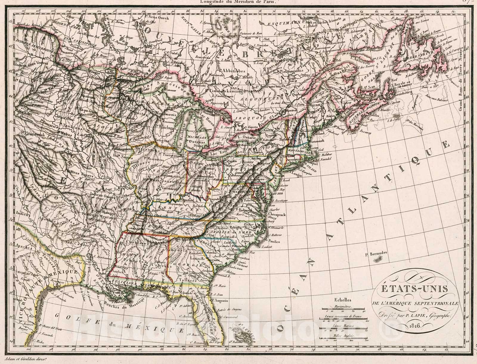Historic Map : Etats-Unis de l'Amerique septentrionale, 1816, Vintage Wall Decor