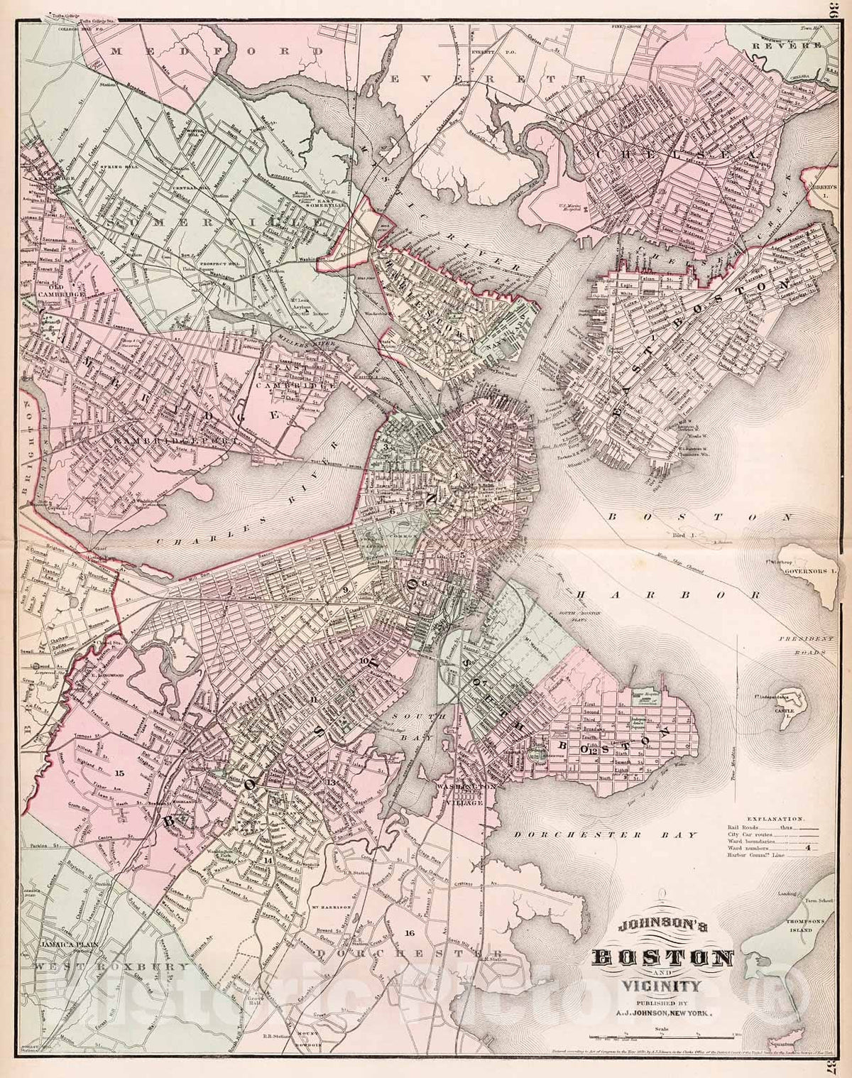 Historic Map : Johnson's Boston and vicinity, 1880, Vintage Wall Decor