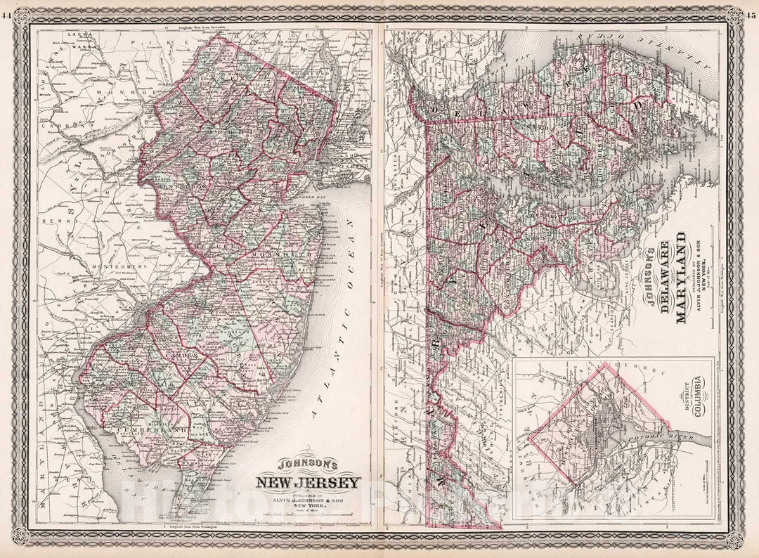 Historic Map : Johnson's New Jersey. Johnson's Delaware and Maryland, 1880, Vintage Wall Decor