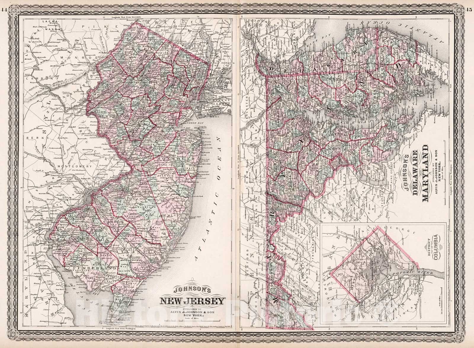 Historic Map : Johnson's New Jersey. Johnson's Delaware and Maryland, 1880, Vintage Wall Decor