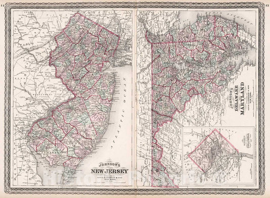 Historic Map : Johnson's New Jersey. Johnson's Delaware and Maryland, 1880, Vintage Wall Decor