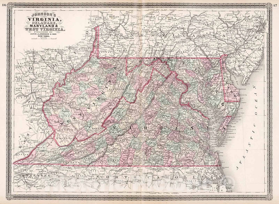 Historic Map : Johnson's Virginia, Delaware, Meryland, West Virginia, 1880, Vintage Wall Decor