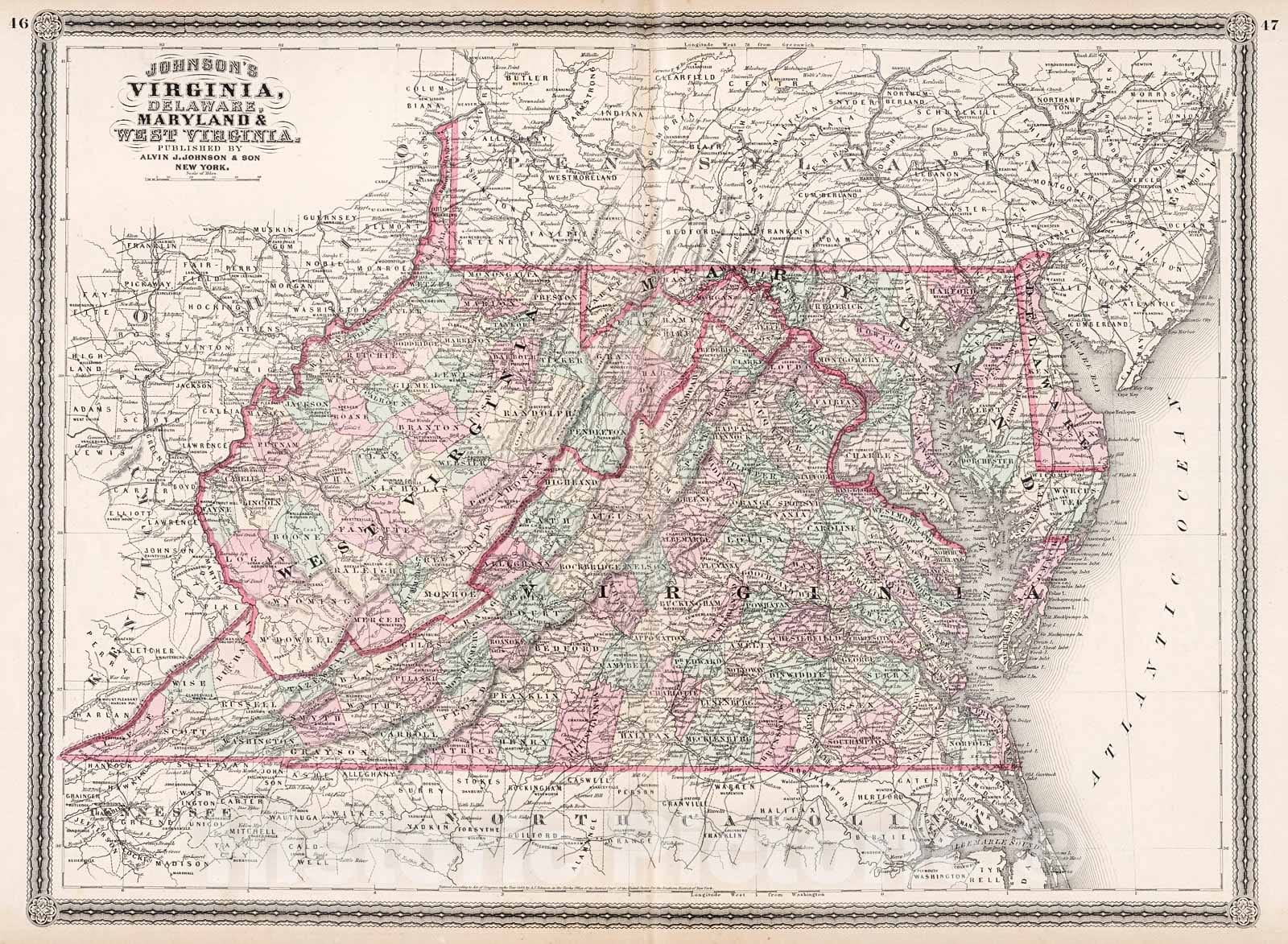 Historic Map : Johnson's Virginia, Delaware, Meryland, West Virginia, 1880, Vintage Wall Decor