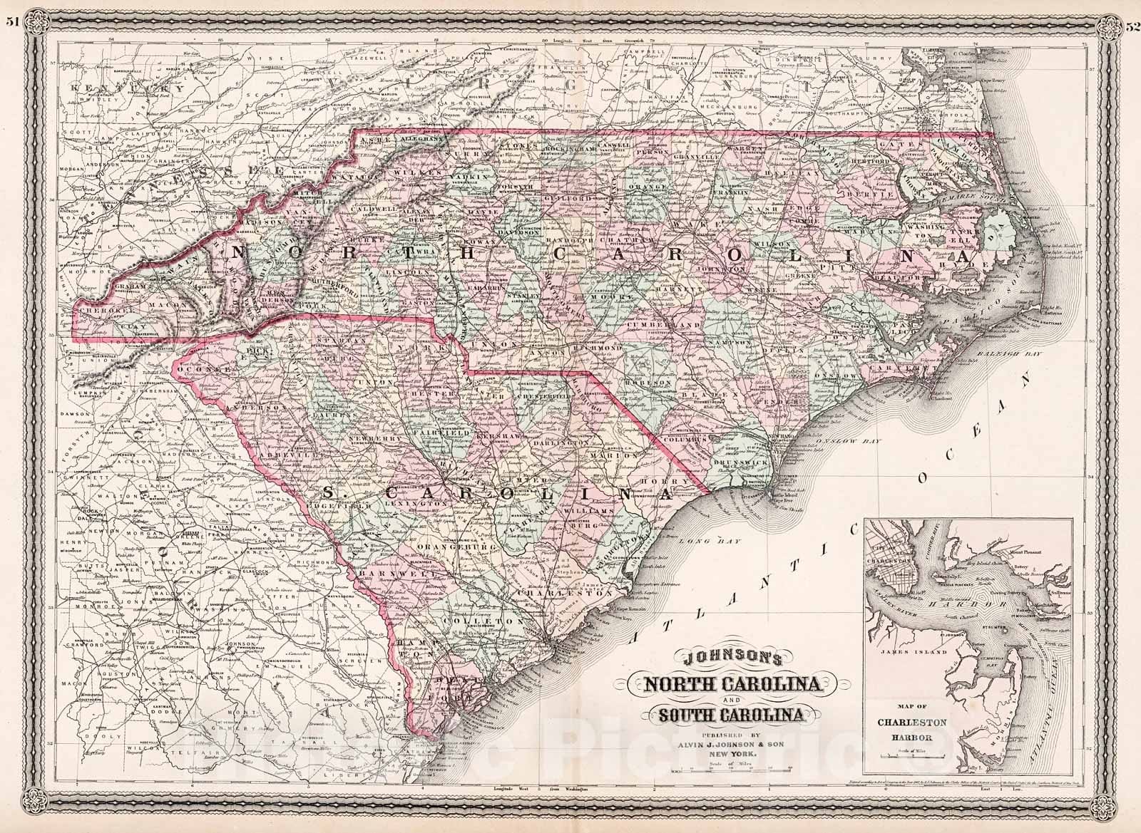 Historic Map : Johnson's North Carolina and South Carolina, 1880, Vintage Wall Decor