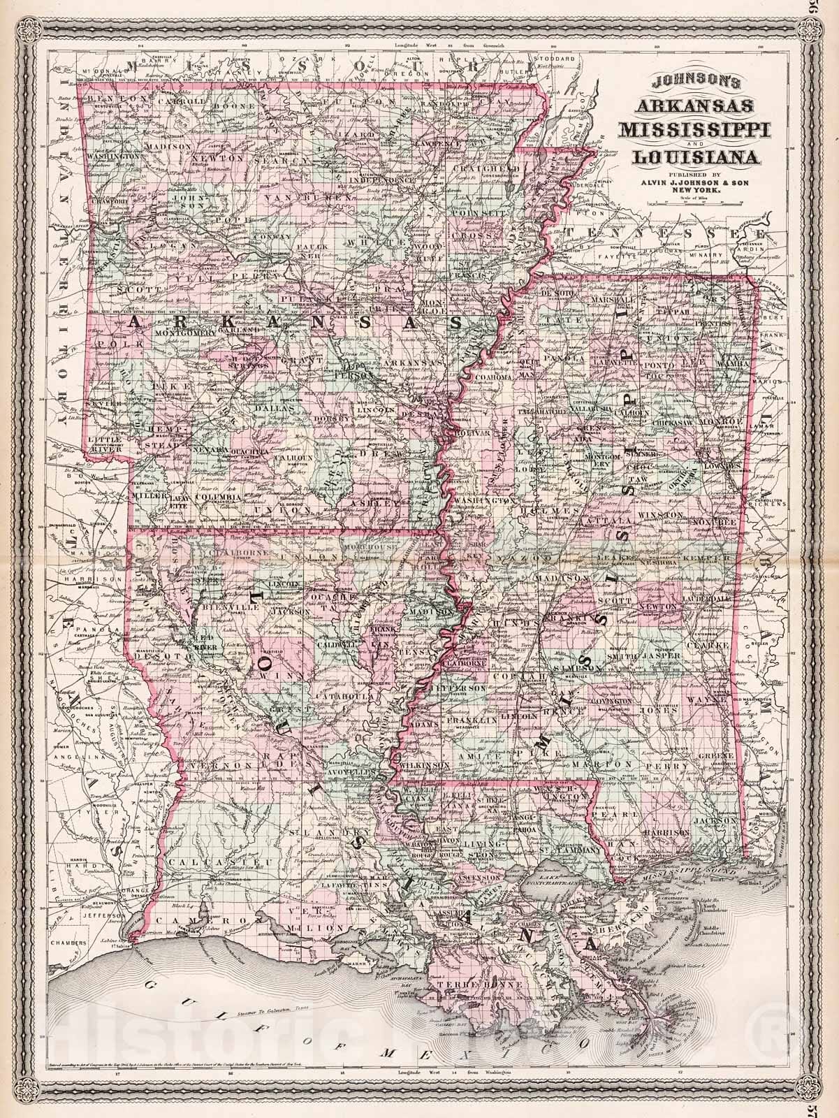 Historic Map : Johnson's Arkansas, Mississippi, And Louisiana, 1880, Vintage Wall Decor