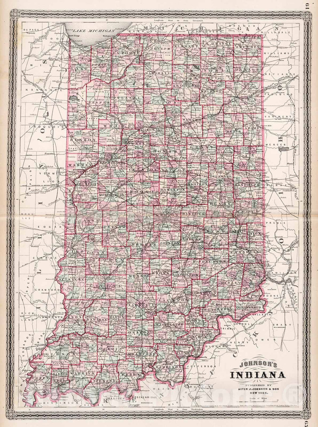 Historic Map : Johnson's Indiana, 1880, Vintage Wall Decor